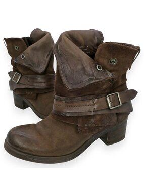 MIZ MOOZ Sargent Brown Leather Ankle Boots Harness Strappy Moto Women's 39 8.5